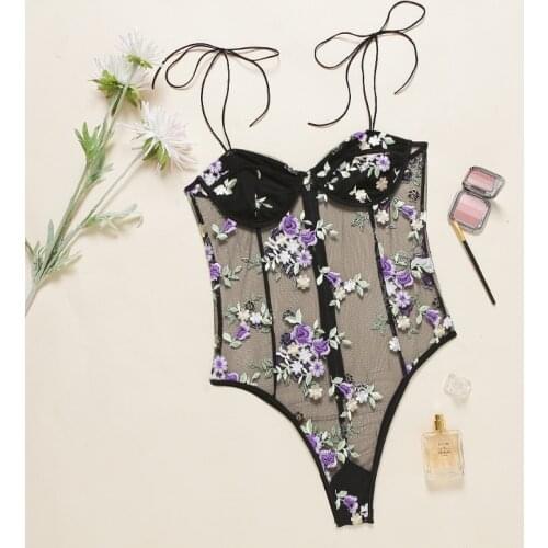 Fashion sexy lace bodysuit floral embroidery lace ladies underwear sexy mesh transparent bodysuit