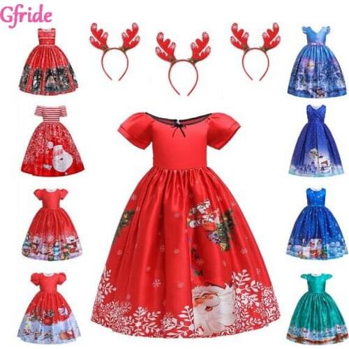New Year Girls Long Dresses Autumn Winter Clothes Reindeer Kids Dress for Little Girl Princess Christmas Dresses Free Headband