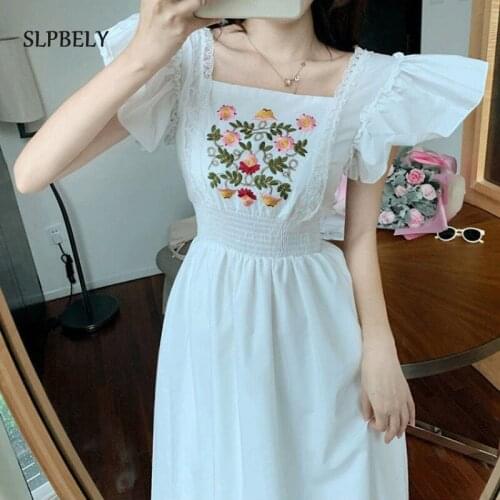 SLPBELY Floral Embroidery Dress Women French Vintage White Square Collar Dress Casual Flying Sleeves Holiday Long Dress Vestido