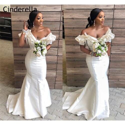 Ivory Bridesmaid Dresses African Off The Shoulder Sweep Train Satin Mermaid Wedding Party Bridesmaid Dresses