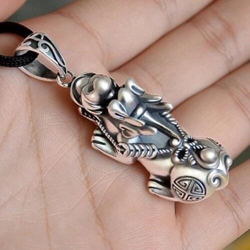 Real 990 Sterling Silver colorFengshui Pixiu Symbol Pendant vintage Thai silver Wealth Pixiu Symbol Amulet Lucky Beast Pendant