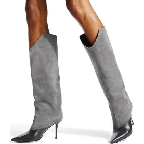 Drop Shipping Knee High Woman Black Gray Leather Suede Patchwork Pointed Toe Stiletto Heels Long Boots Plus Size Fashion Boots
