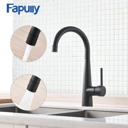 Fapully Kitchen Faucet Brass Matte Black Finish Double Outlet Kitchen Sink Taps 360 Rotate Swivel Spout Mixer Crane Tap 1013
