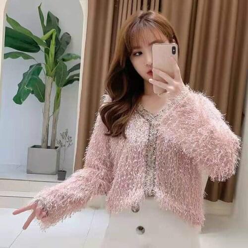 Fairy V-neck Hairy Gold Tassels Sweat Lazy Windy Fringed Pullovers Sweet Long Sleeved Thin Knitted Shirts 2020 Tops