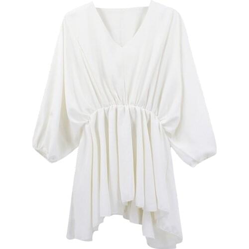 Womens Blouse Spring Summer Tops Loose V-Neck Chiffon Fairy Waist Covering Tummy Top Western Style Shirt Bottoming Shirt