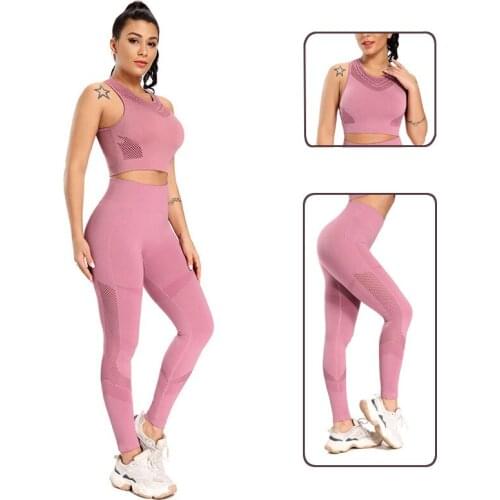 Women Seamless yoga Fitness Sports Suits Yoga Long Sleeve Shirts + High Waist Running Leggings Workout Pants Shirts 2pcs