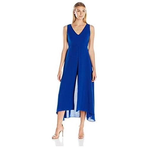 Womens Tonal Overlay Jumpsuit High Waist Sleeveless Chiffon Jumpsuit Europe Siamese pants graceful lady deep V-neckline catsuit