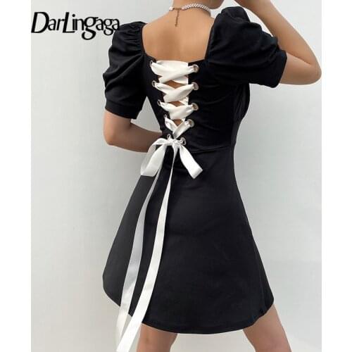 Darlingaga Square Neck Elegant Black Dress Women Lace Up Backless Fashion Pleated Dress Mini Bandage New Summer Dresses Sundress