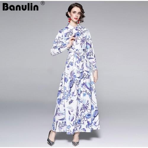 Banulin Runway Autumn Spring Vintage Long Sleeve Print Floral High Waist Elegant Boho A-Line Party Maxi Dress Women 2021 N65643