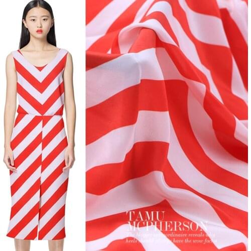 140CM Wide 12MM Orange White Stripe Print Silk Crepe de Chine Fabric for Summer Dress Jacket Pants B241
