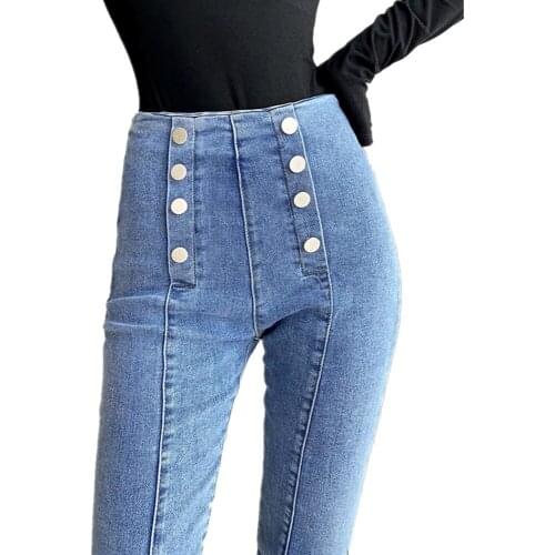 2021 Woman Fashion High Street Slim Double Breasted Denim Pencil Pants Korean Do Old Washed Split Jeans