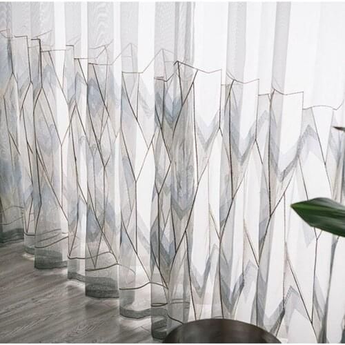 White Gray Geometric Triangle Embroidery Tulle Curtains for Living Room Bedroom Voile Window Screen Decor Kitchen Balcony Sheer