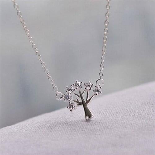 Shiny 925 Sterling Silver Lucky Wishing Tree Plant Zircon Fashion Clavicle Chain Necklace for Women Birthday Accessory SN005