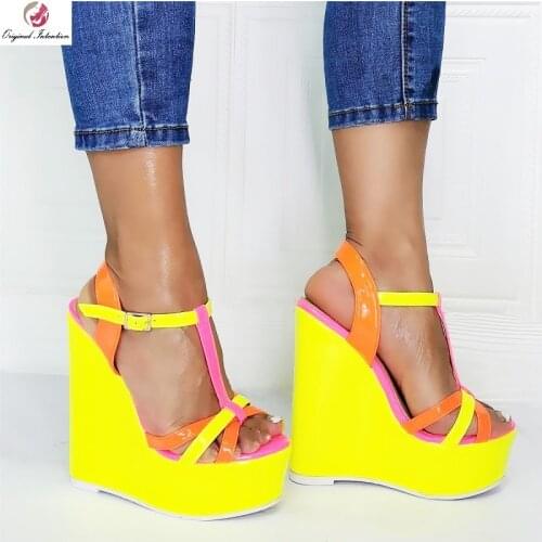 Women Sandals Wedges Mixed Colors Shoes Girls Yellow Platform Colors Female Ankle Buckle Strap Ladies Summer Rubber Bottom Pumps
