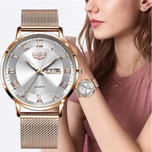 LIGE Woman Watch Rose Gold Bracelet Watch Quartz Clock Creative Waterproof Stainless Steel Mesh Ladies Watches Relogio Feminino
