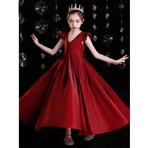 Kids Girls Dresses Red Long Design Party Dress V Neck Kids Mother Party Childrens Day Sweety Fungus Sleeve 2021 New Arrivals