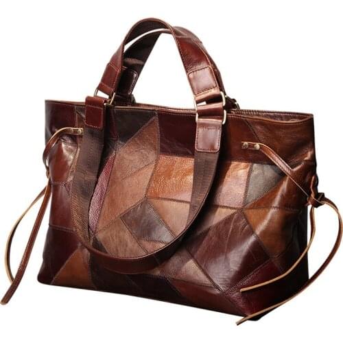Head leather new color contrast color stitching handbag fashion casual leather womens bag retro classic