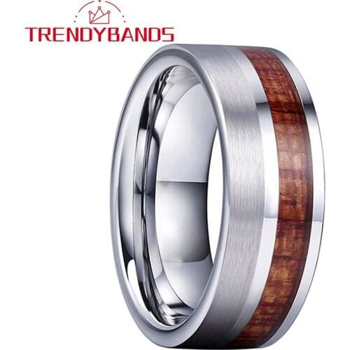 8MM Pip Cut Wood Inlay Tungsten Carbide Ring Men Wedding Band Modern For Women Engagement RingPolished Shiny Comfort Fit