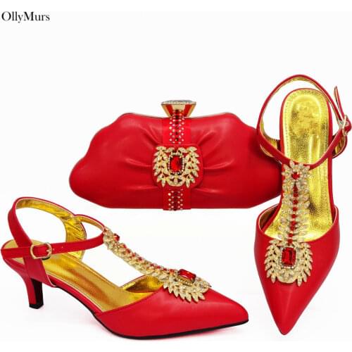 Summer Fashion Ladies Rhinestone Pumps Shoes And Bag Set Italy Style Woman High Heel Shoes And Bag To Match Set For Party