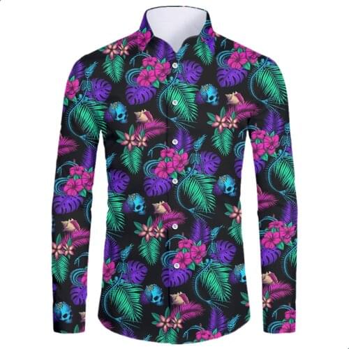 IFPD New Long-sleeved Shirt Skull Flower Leaves Casual Cool Colorful 3d Printed Novelty Harajuku Style Horror Element Fall Tops