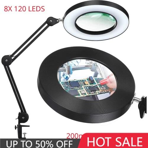 2021 NEW 200MM Diam 120 LED 8X Magnifying Glass for Reading Soldering station phone with LED light stand Illuminated magnifier