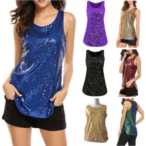 New Fashion Sexy Womens Sequins Glitter Shinny Camis Sleeveless T-Shirt Summer Sparkle Shimmer Vest Crop Tee