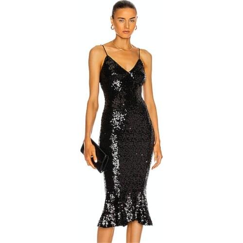 Celebrity Black Sequined Spaghetti Strap V-Neck Bodycon Mid-Calf Women Dresses Evening Party Dress
