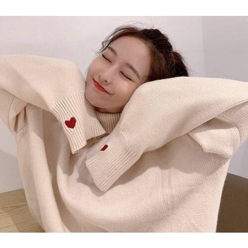 Autumn and winter warm turtleneck love sweater women baggy students cute sweet thickened pullover sweater coat [4 days delivery]