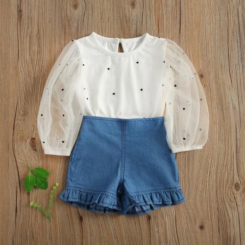 1-6Y Fashion Summer Clothing Kids Girls Polka Dot Puff Long Sleeve Top Ruffle Denim Shorts 2pcs Outfits Set