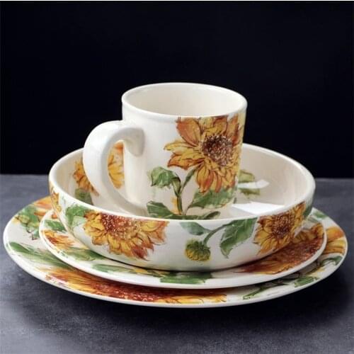 Pastoral Creative Hand-painted Sunflower Round Ceramic Dinner Plate Tableware Western Steak Salad Dessert Cake Sushi Deep Dish