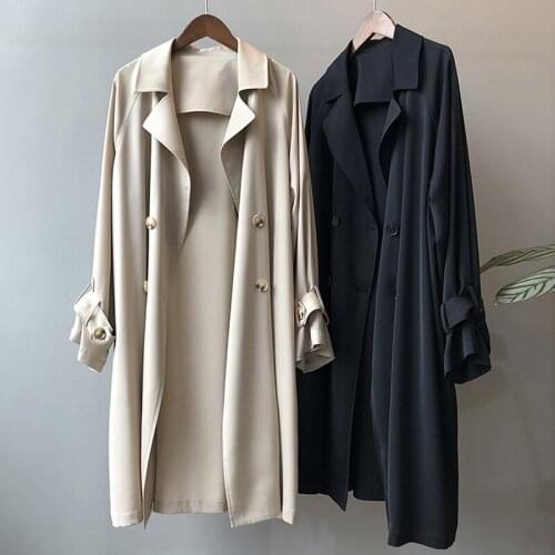2021 New Spring Autumn Double-Breasted Long Windbreaker Women Loose Long Sleeve Temperament Solid Thin Trench Coat Female H1385