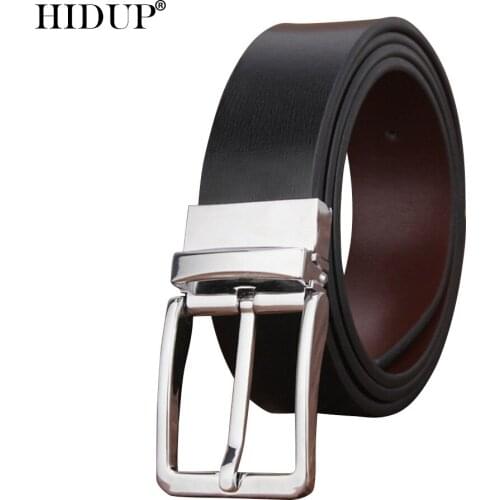 HIDUP Quality Simple Design Pin Buckle Metal Belts Men Double-side Black&Brown Genuine Leather Belt 3.3cm Width Clothes NWJ1072