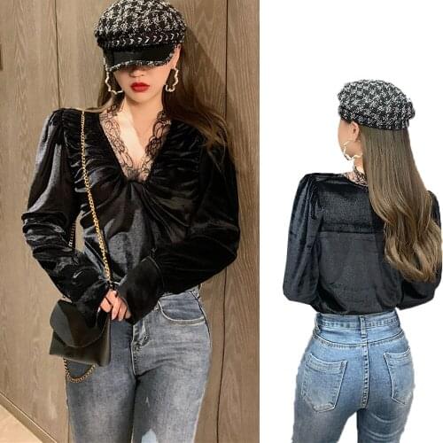 Sexy Women Long-sleeved Ruffle Blouse Gold Velvet Fashion Shirt Lace Stitching Folds Thin Sexy Bottoming Shirt Tunic Tops