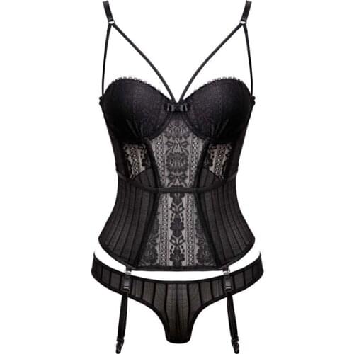 Sexy Mesh Lace Bustiers & Corsets with G-strings Sets Steel Boned Corset with Push Up Cup Women Underwear Lingerie Gothic Style