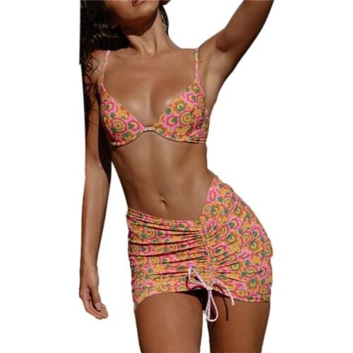 Sexy Women Swimwear Set Female Flower Print Spaghetti Strap Bikini Tops+ Package Hip Skirt with Drawstring Swimming Costume