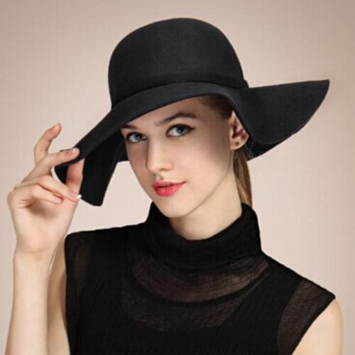 Hot Sale Casual Fedora Cap Wide Brimmed Dome Hats High Quality Wool Floppy Womens Black Cloche Elegant Hat