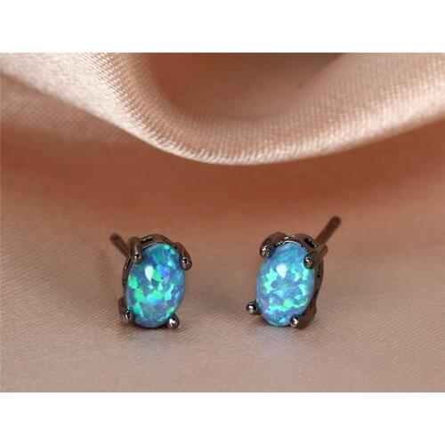 Blue White Oval Opal Stud Earrings Vintage Black Gold Small Earrings For Women Wedding Jewelry Girlfriend Earrings Birthday Gift