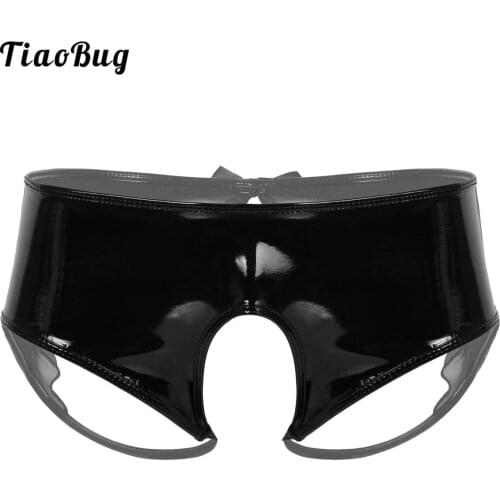 TiaoBug Mens Wet Look Patent Leather Lingerie Open Crotch With Sheer Organza Trim Sissy Briefs Underwear Panties