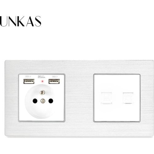 UNKAS French White Aluminum Metal Panel Socket RJ11 Telephone Jack With RJ45 Data Computer Internet Connector Wall Socket