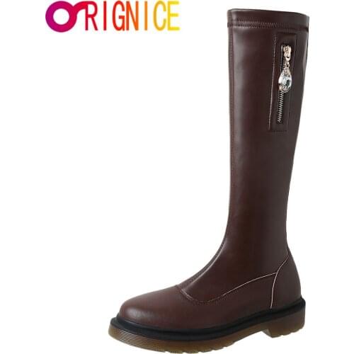 Orignice Autumn Winter Knee-High Boots Women Crystal Zipper Fashion Round Toe Female Waterproof Platform Thick Heels Wild Shoes