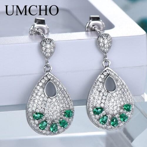 UMCHO Water Drop Created Emerald Jewelry Solid 925 Sterling Silver Gemstone Drop Earrings For Women Wedding Gift Fine Jewelry