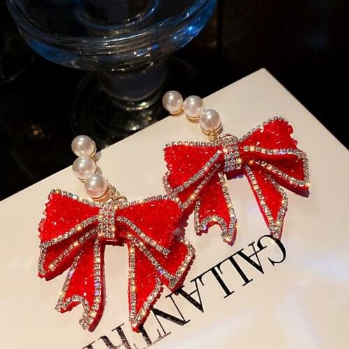2021 Korean Style Red Bowknot Dangle Earrings For Women Three Pearl Rhinestone Earrings Weddings Party Jewelry Accessories