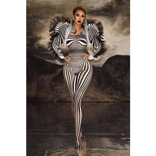Fashion Style Zebra Pattern Jumpsuit Women Singer Sexy Stage Outfit Bar DS Dance Cosplay Bodysuit Costume Prom Clothes