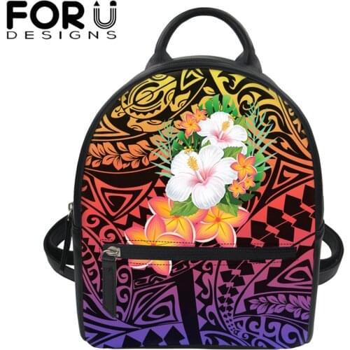 FORUDESIGNS Womens Pu Leather Backpack Mini Schoolbag for Teen Girl Hibiscus Polynesian Tattoo Black Back Pack Mochila Femenina