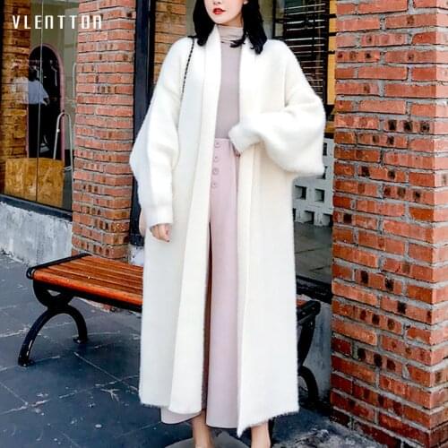 Autumn Winter Office Lady Soft Wool Knitted Sweater Women V-Neck Thick Warm Long Female Cardigans Coat Loose Sweaters Outwear