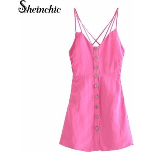 Sexy Pink V-neck Spaghetti Strap Mini Dresses for Women Summer 2021 Runway Casual Cotton and Linen Dress Female