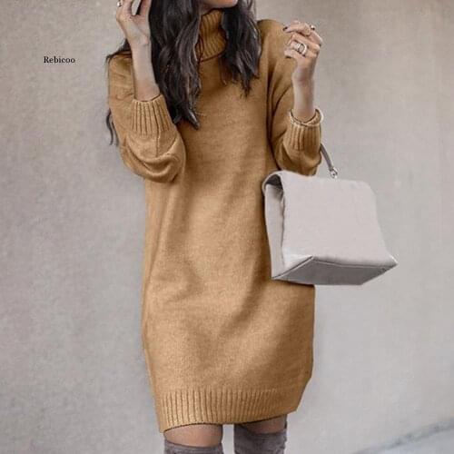 Turtleneck Long Sleeve Sweater Dress Women Autumn Winter Loose Tunic Knitted Pullovers Sweater Female Casual Solid Knit Dresses