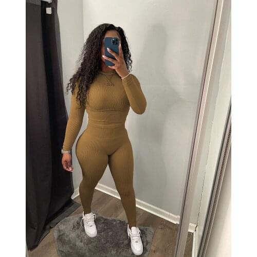 2021 Ins Internet Celebrity Famous Women Set 2 Pcs Longsleeve Solid Color