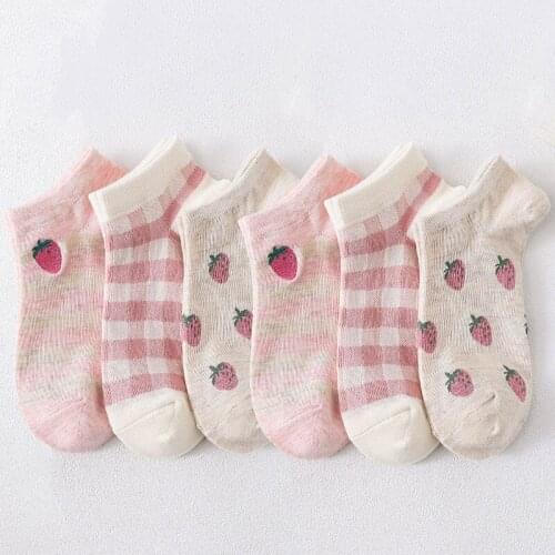 6pairs/lot lady Pink strawberry cotton short stockings Chaussettes colorées Meias coloridas Calcetines de color чулки