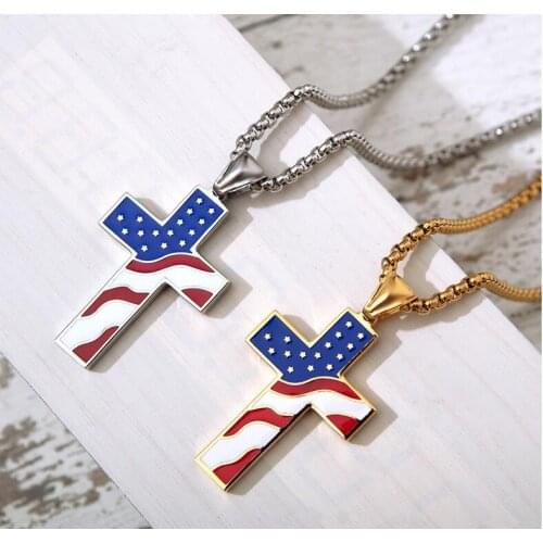 American USA Flag Necklaces Stainless Steel Enamel Jesus Religion Cross Pendant Necklace Men Jewelry Amulet Gifts for Christian